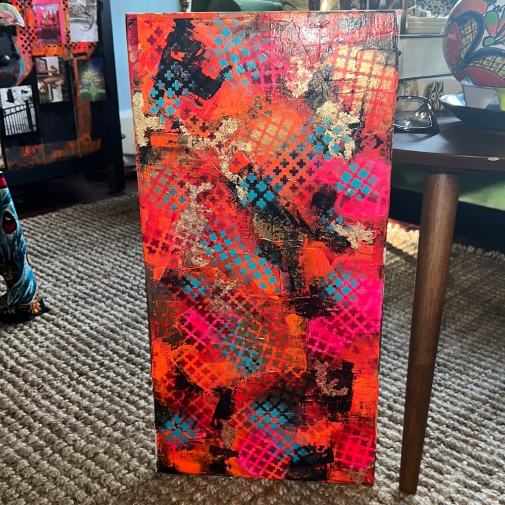 Fluorescent, orange, red, pink mixed media art